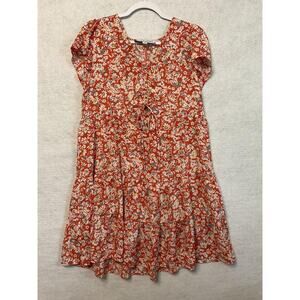 Emma & Michele Dress Womens Medium Red Floral Tiered Short Sleeve V-Neck A-Line